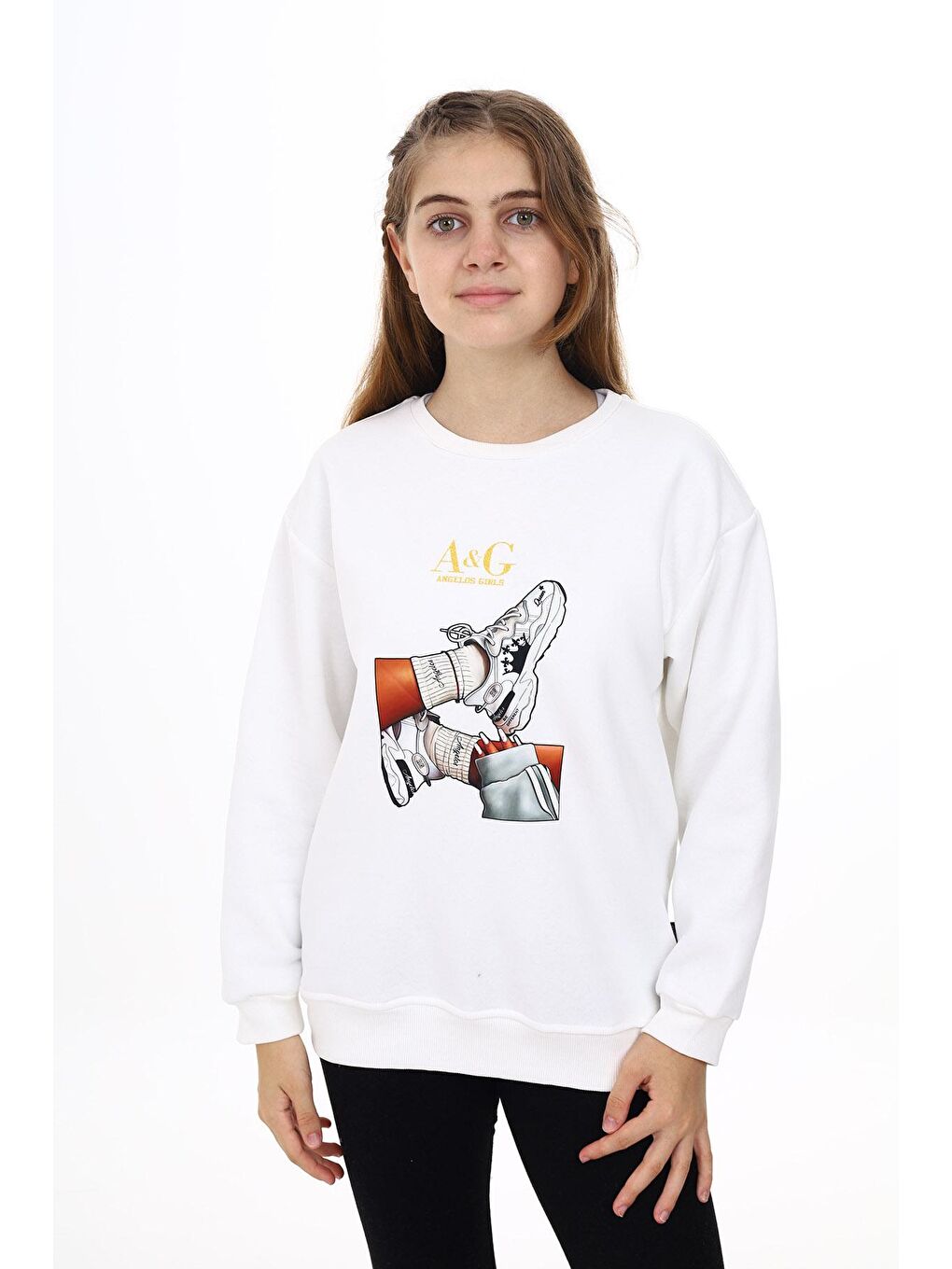 Beyaz Kız Çocuk Baskılı 3 İplik Sweatshirt 7-13 Yaş Lx287