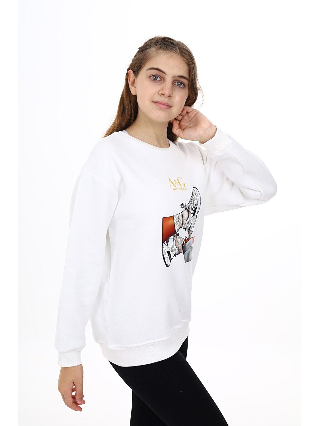 Beyaz Kız Çocuk Baskılı 3 İplik Sweatshirt 7-13 Yaş Lx287-1