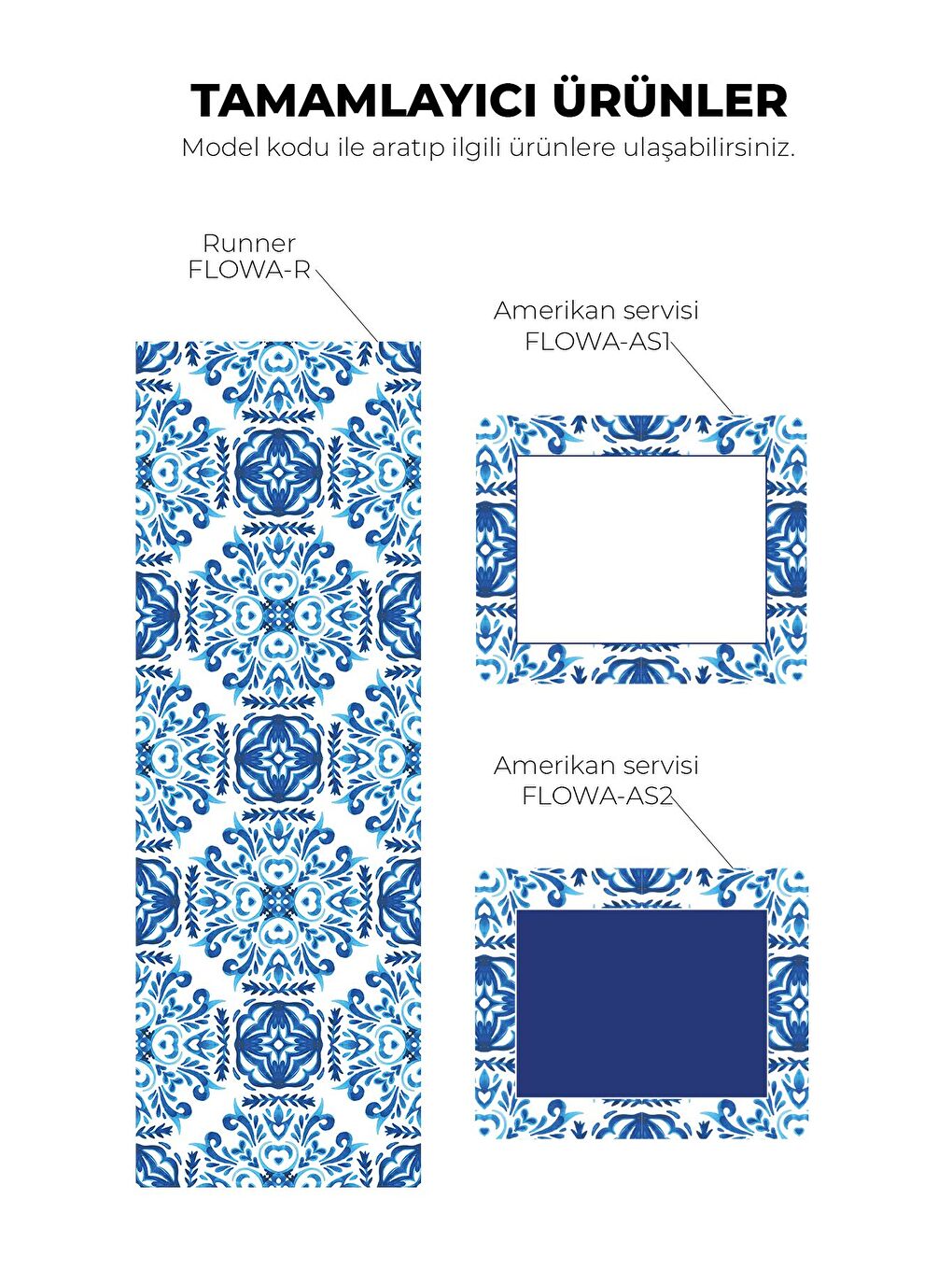 Flowa Etnik Çiçek Desenli Runner – Mavi Beyaz Zeminli Zarif Etnik Desen 40x140 cm-3