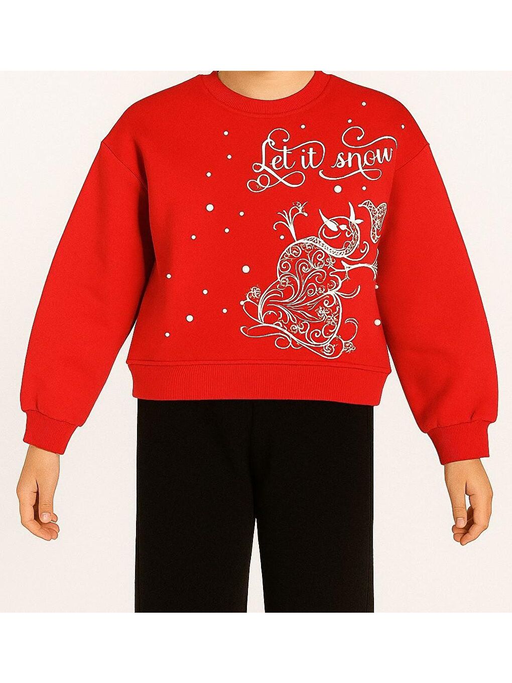 Kırmızı Kız Çocuk Şardonlu Kumaş İncili Kardan Adam Sweatshirt-1