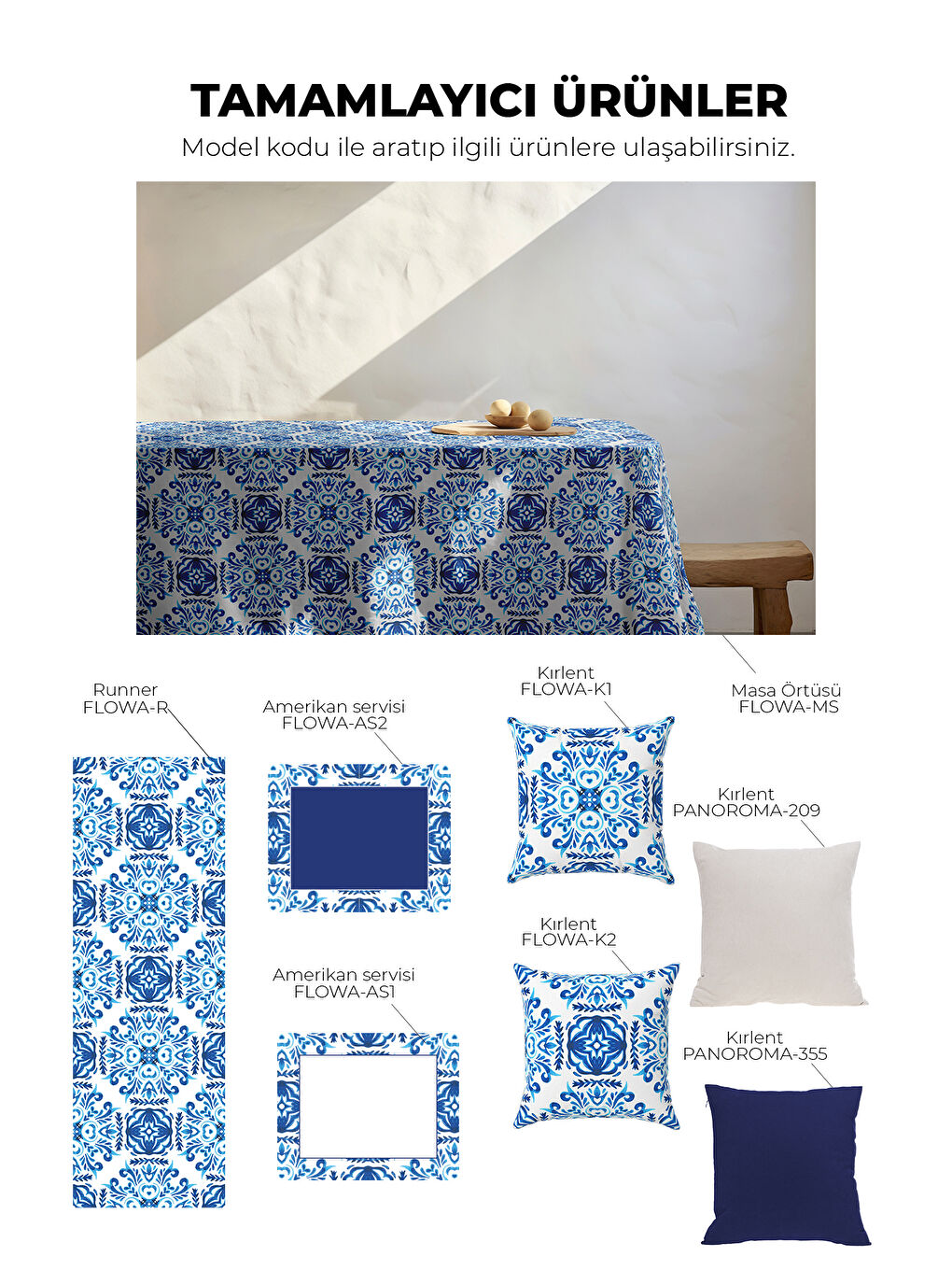 Lacivert Flowa Etnik Motifli Çiçekli Beyaz Zemin 1 Adet Amerikan Servis –Beyaz/Mavi 45x35 cm-5