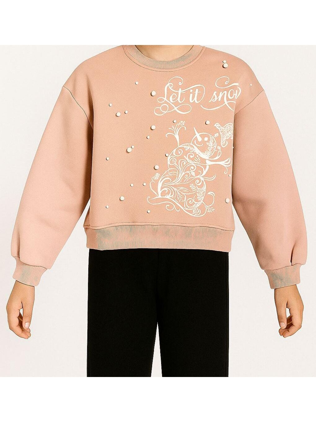 Kırmızı Kız Çocuk Şardonlu Kumaş İncili Kardan Adam Sweatshirt-2