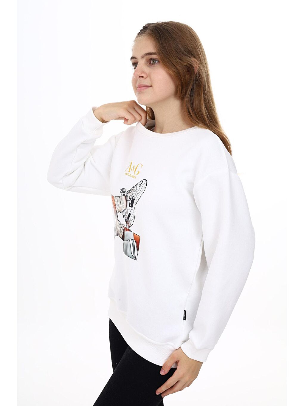 Beyaz Kız Çocuk Baskılı 3 İplik Sweatshirt 7-13 Yaş Lx287-2