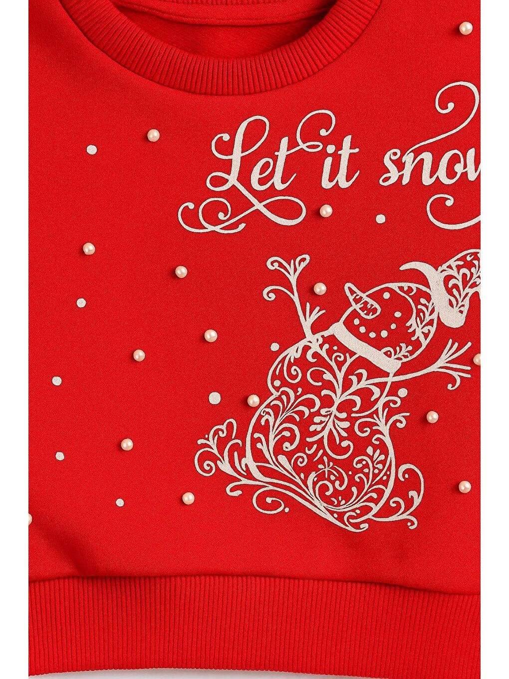 Kırmızı Kız Çocuk Şardonlu Kumaş İncili Kardan Adam Sweatshirt-3