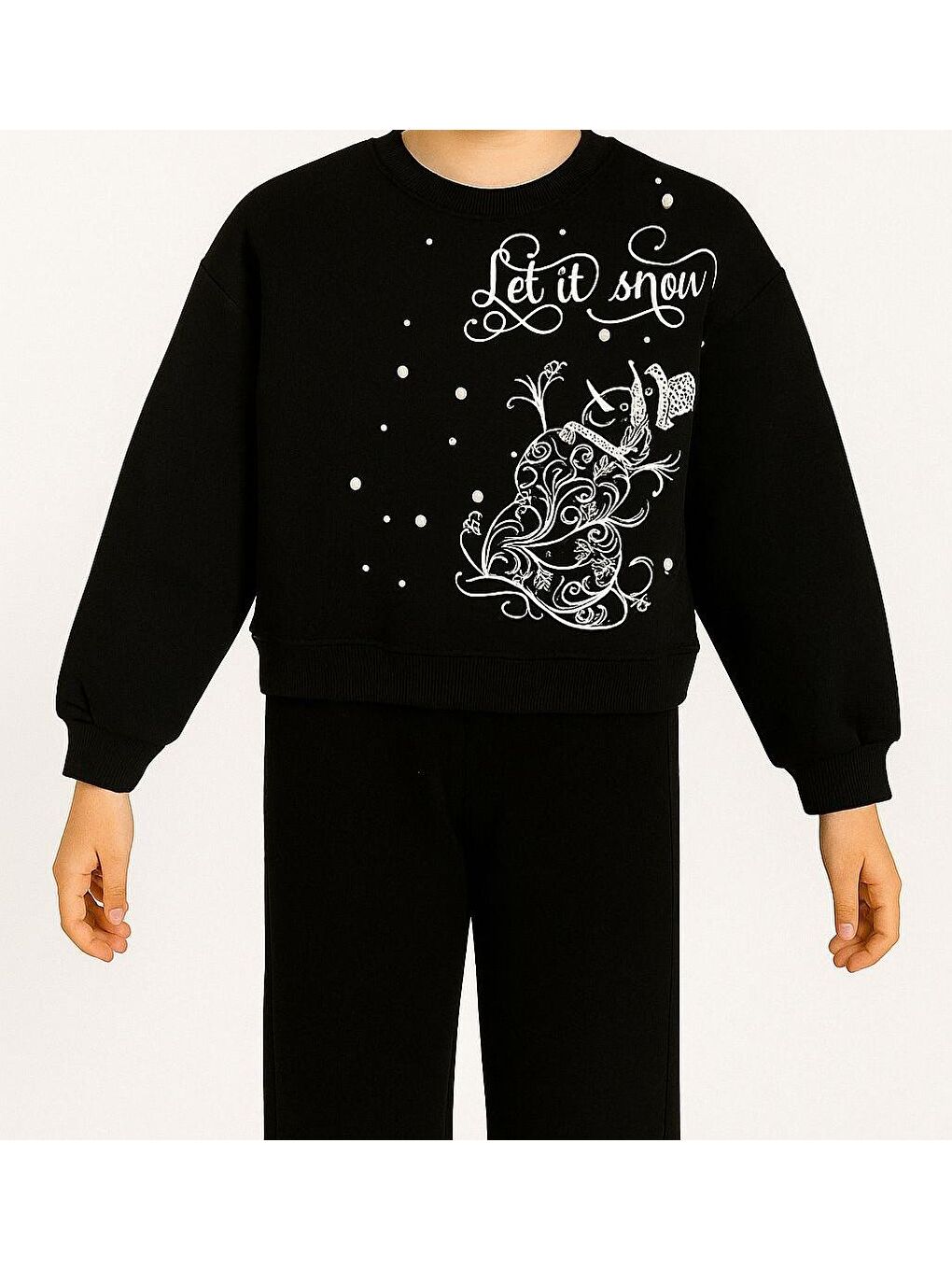 Siyah Kız Çocuk Şardonlu Kumaş İncili Kardan Adam Sweatshirt