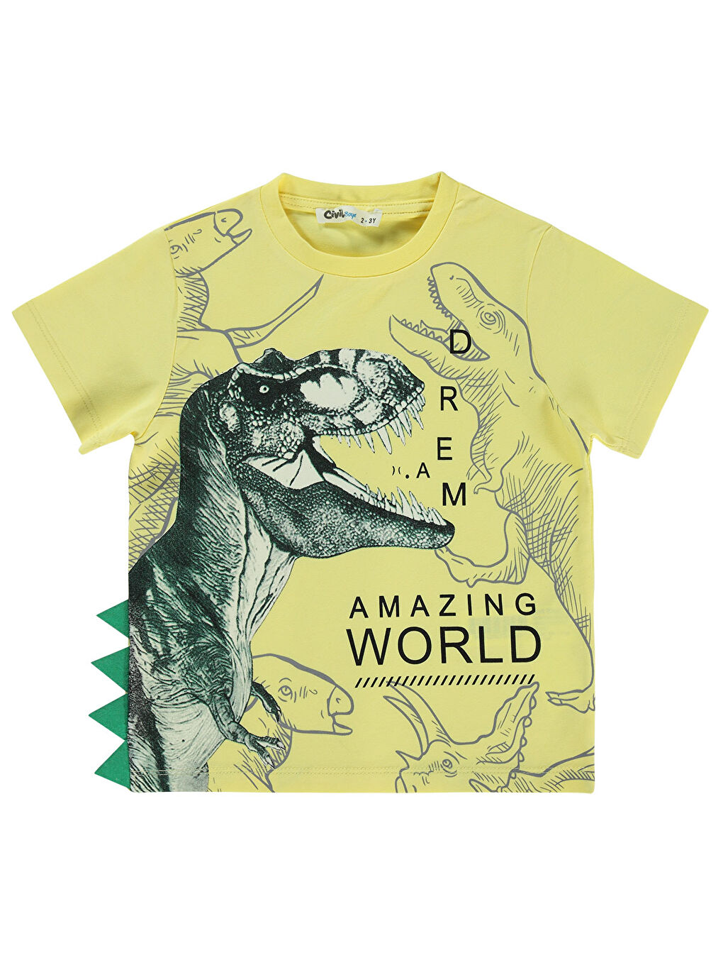 Boys Dinozor World Baskılı 2-5 Yaş Tişört Açık Sarı