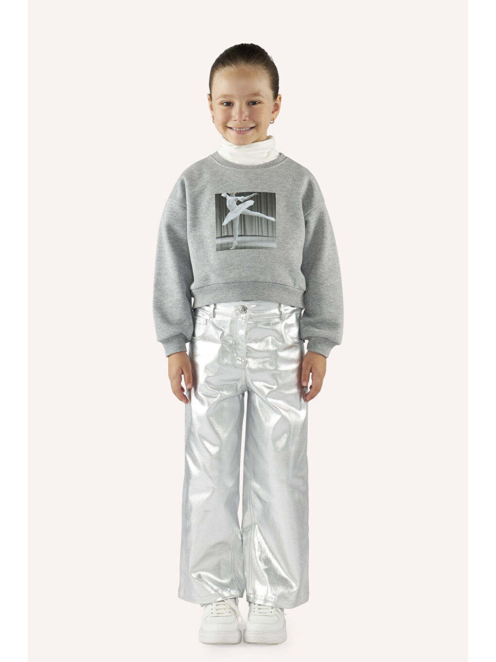 Kız Çocuk Baskı Detaylı Gri-Melanj Sweatshirt