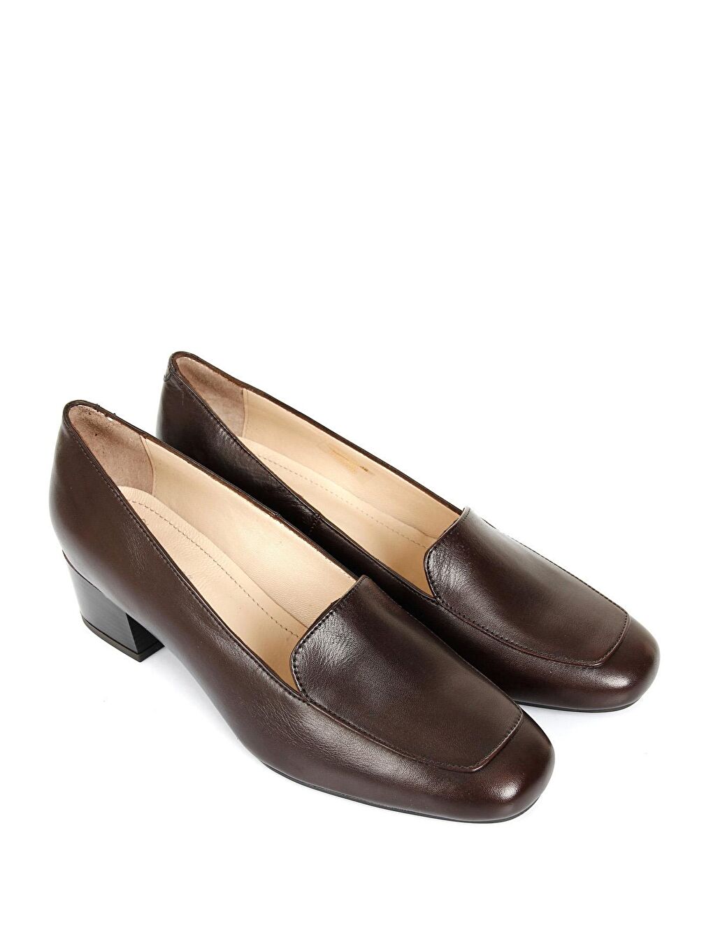 Kahverengi KAHVERENGİ  Hakiki Deri Küt Burun Kısa Kalın Topuklu Kadın Ayakkabı 13312-1