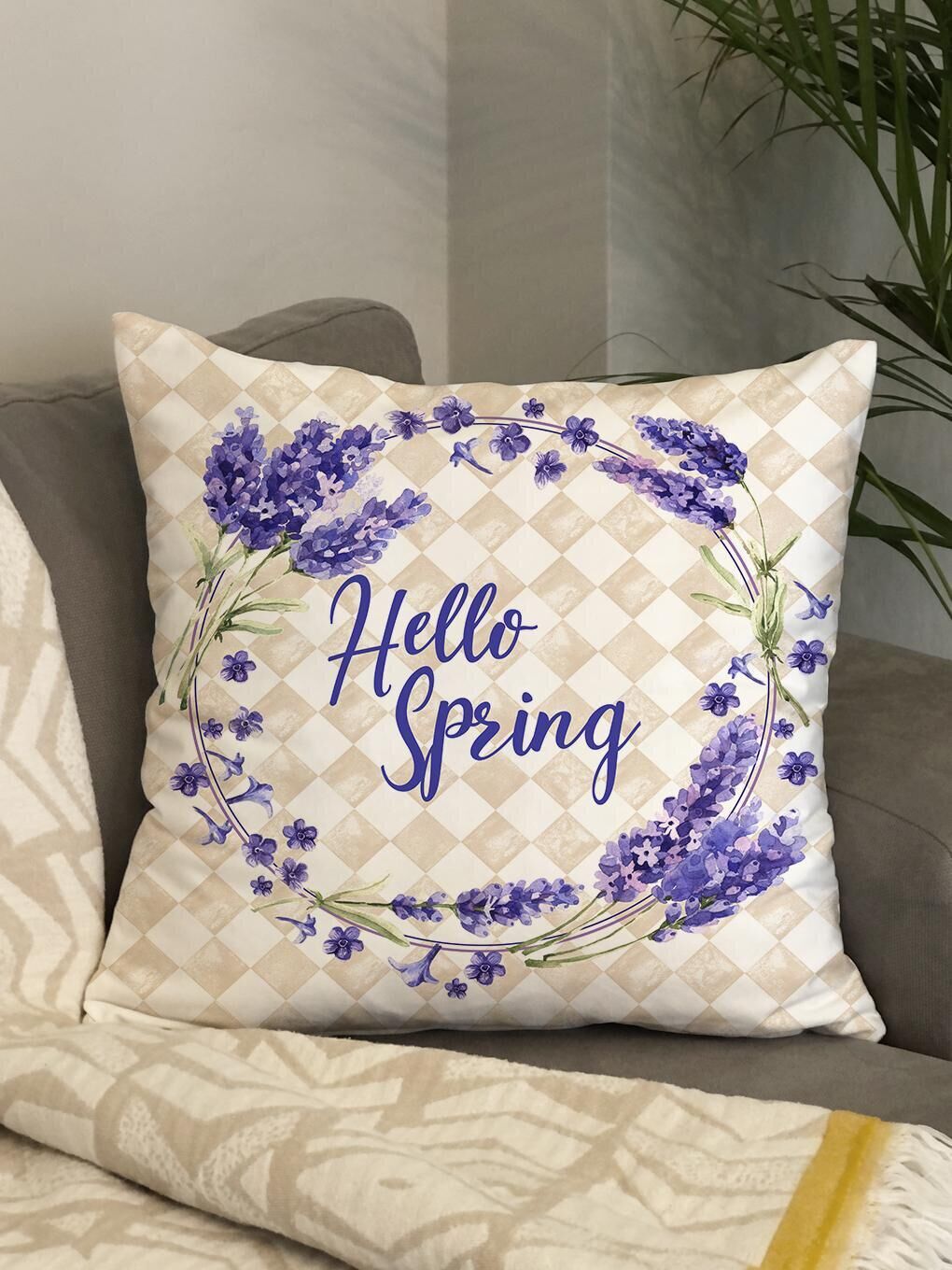 Ekru Kadife Doku Çift Taraf Baskılı Bahar Desenleri 43x43 cm Tekli Kırlent Kılıfı-2