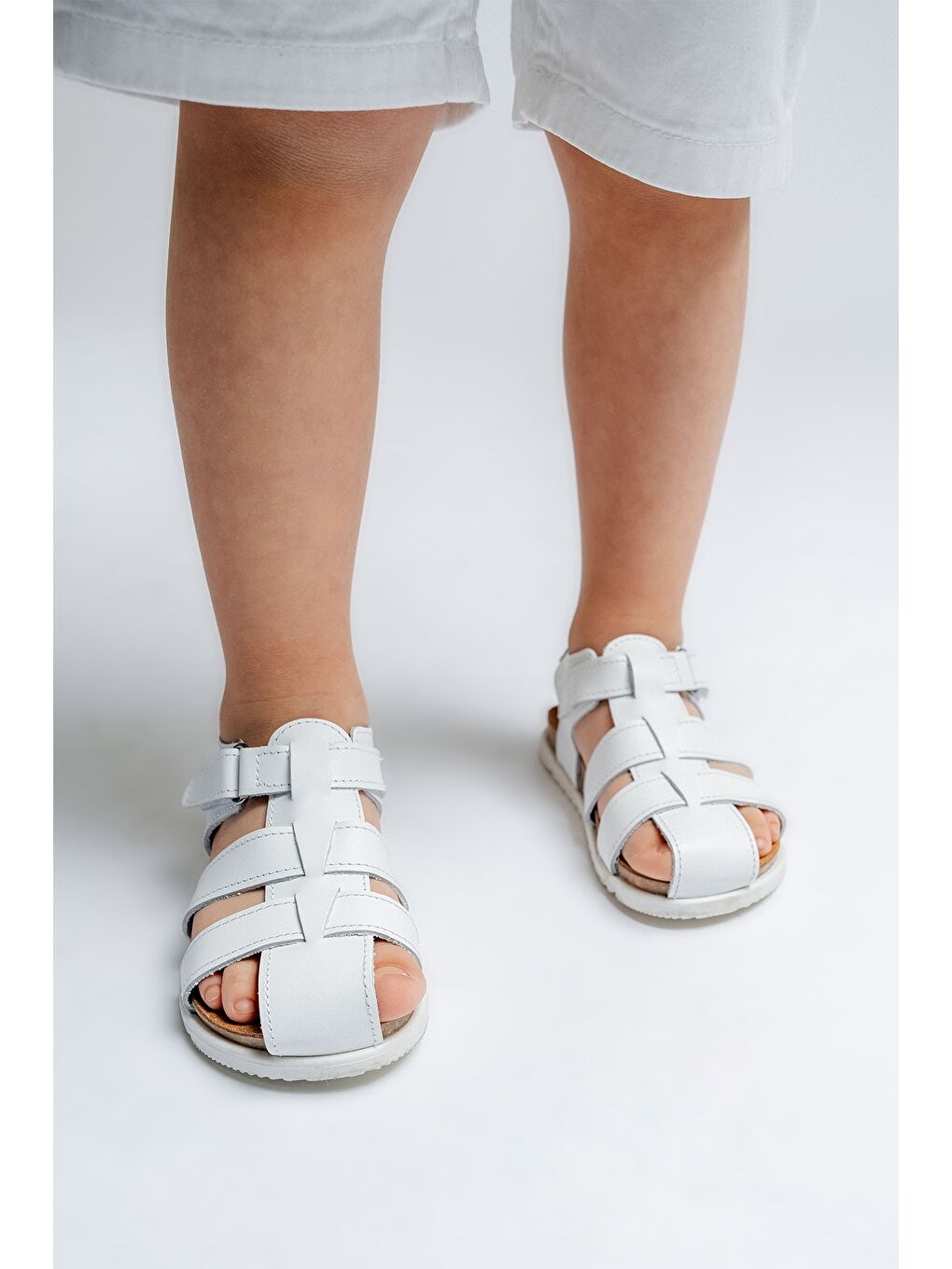Unisex Çocuk Beyaz Hakiki Deri Mantar Tabanlı Günlük Çocuk Sandalet-3