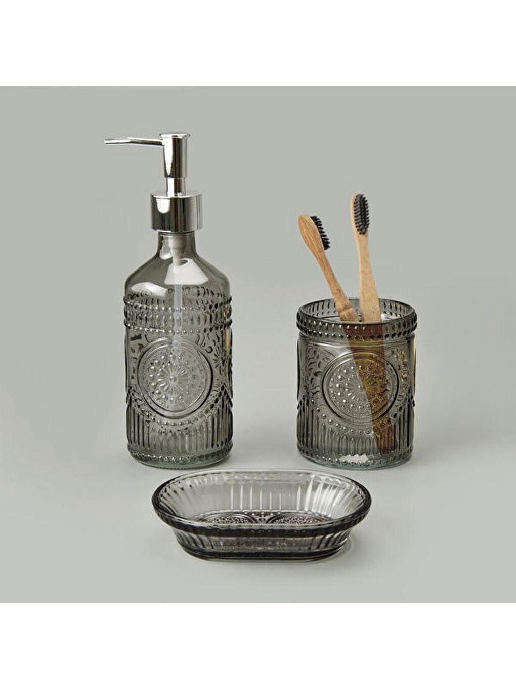 Bath 3'lü Cam Banyo Sıvı Sabunluk Seti - Antrasit