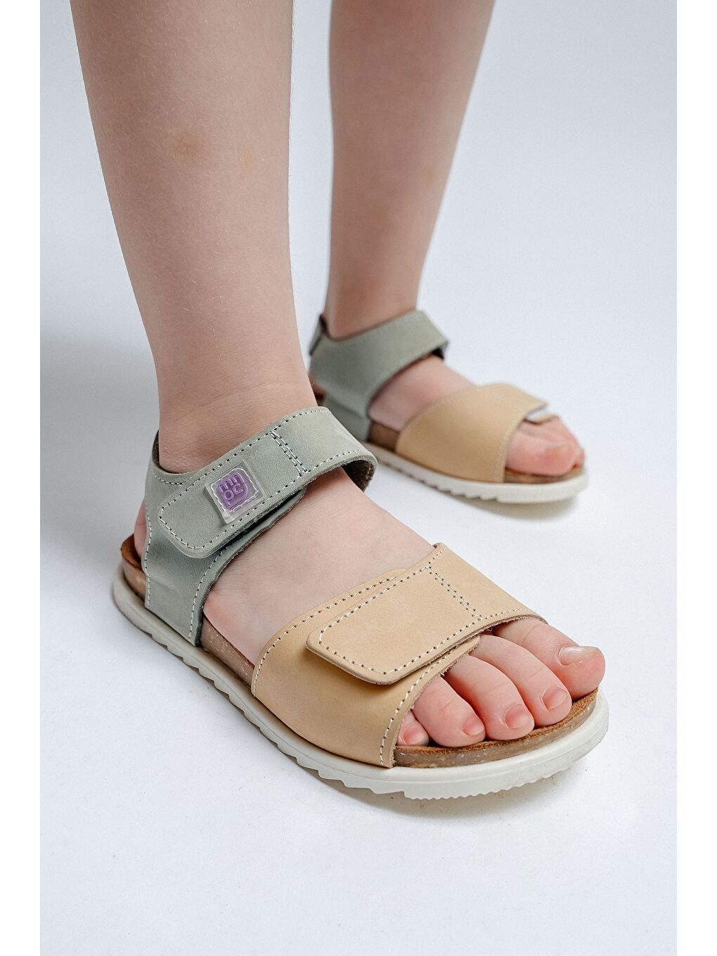 Unisex Çocuk Sarı-Su Yeşili Hakiki Deri Mantar Tabanlı Günlük Çocuk Sandalet-3