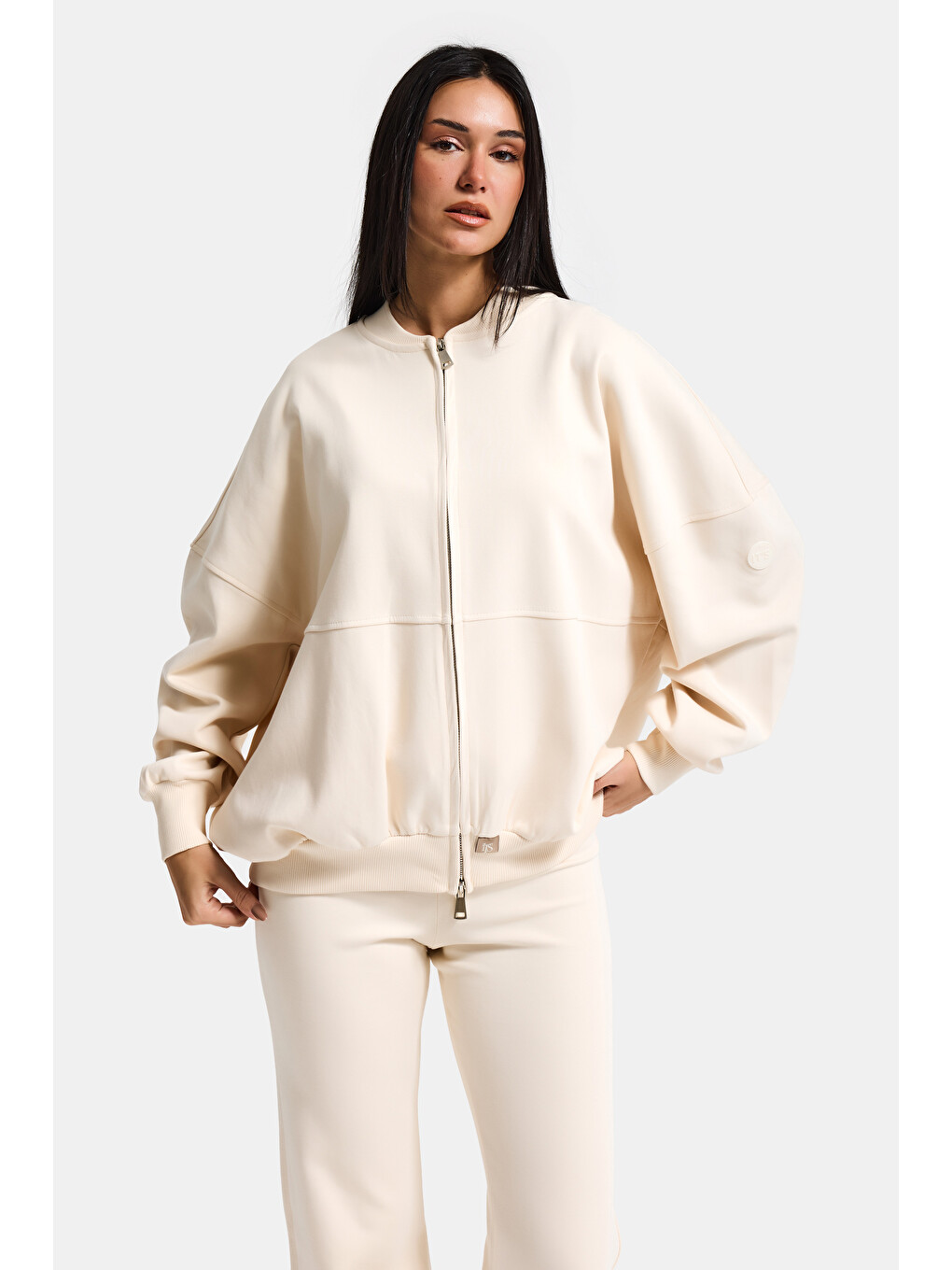 Kadın Ekru s6-105 Alt Üst Sweatshirt Polar Yürüyüş Pantolonu 2'li Tasarım Takım-2