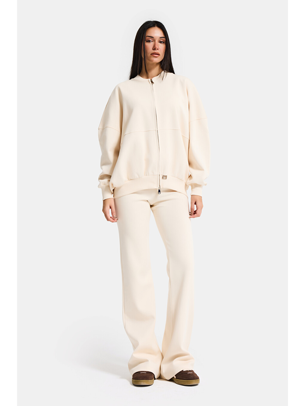 Kadın Ekru s6-105 Alt Üst Sweatshirt Polar Yürüyüş Pantolonu 2'li Tasarım Takım-1