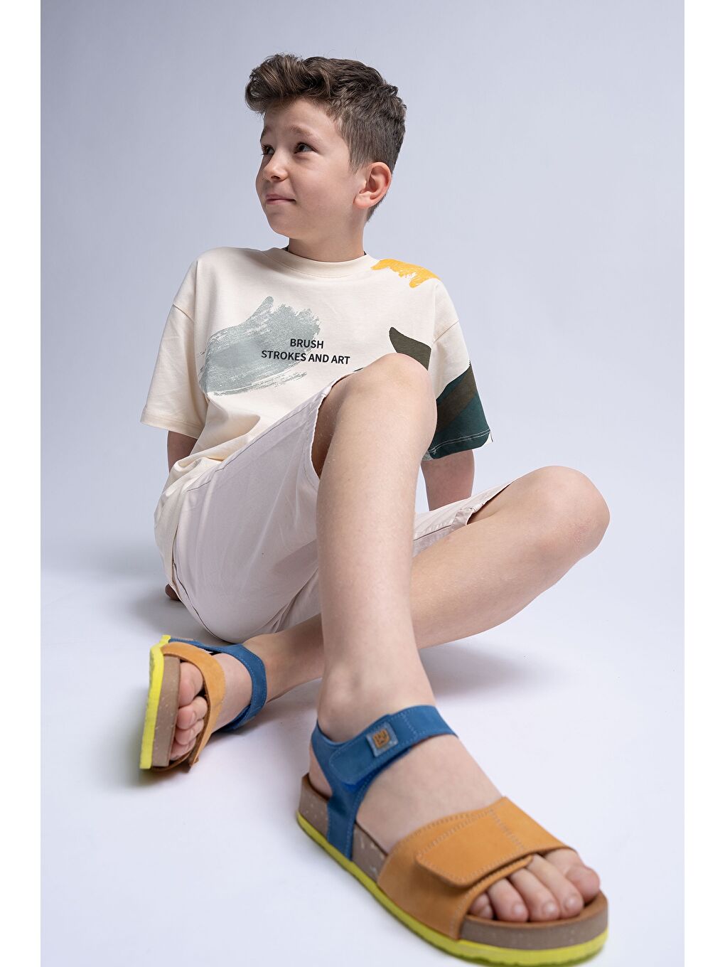 Unisex Çocuk Sarı-Saks Hakiki Deri Mantar Tabanlı Günlük  Çocuk Sandalet