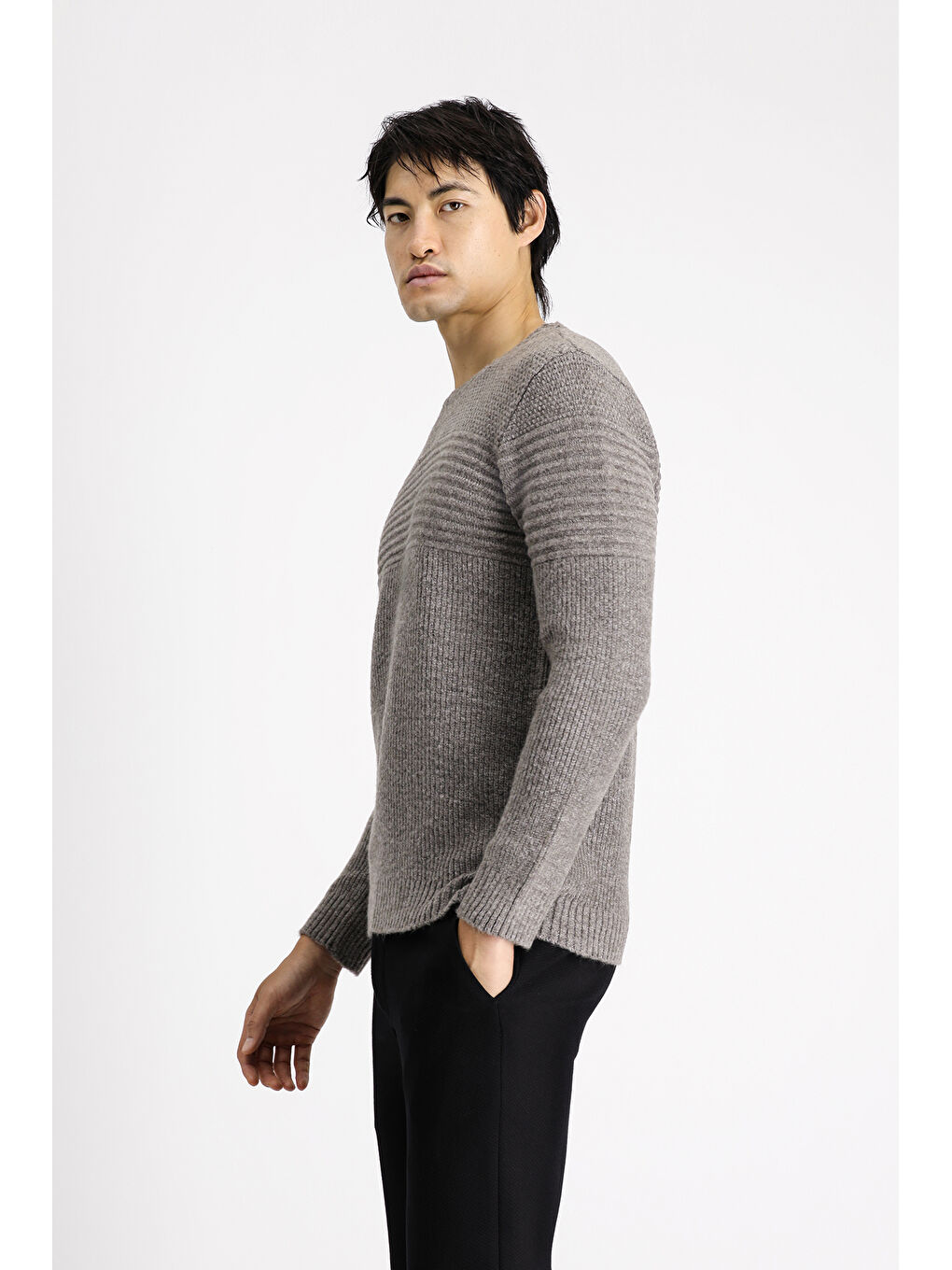 Bej Bisiklet Yaka Regular Fit Çizgili Triko Büyük Beden Kazak-2