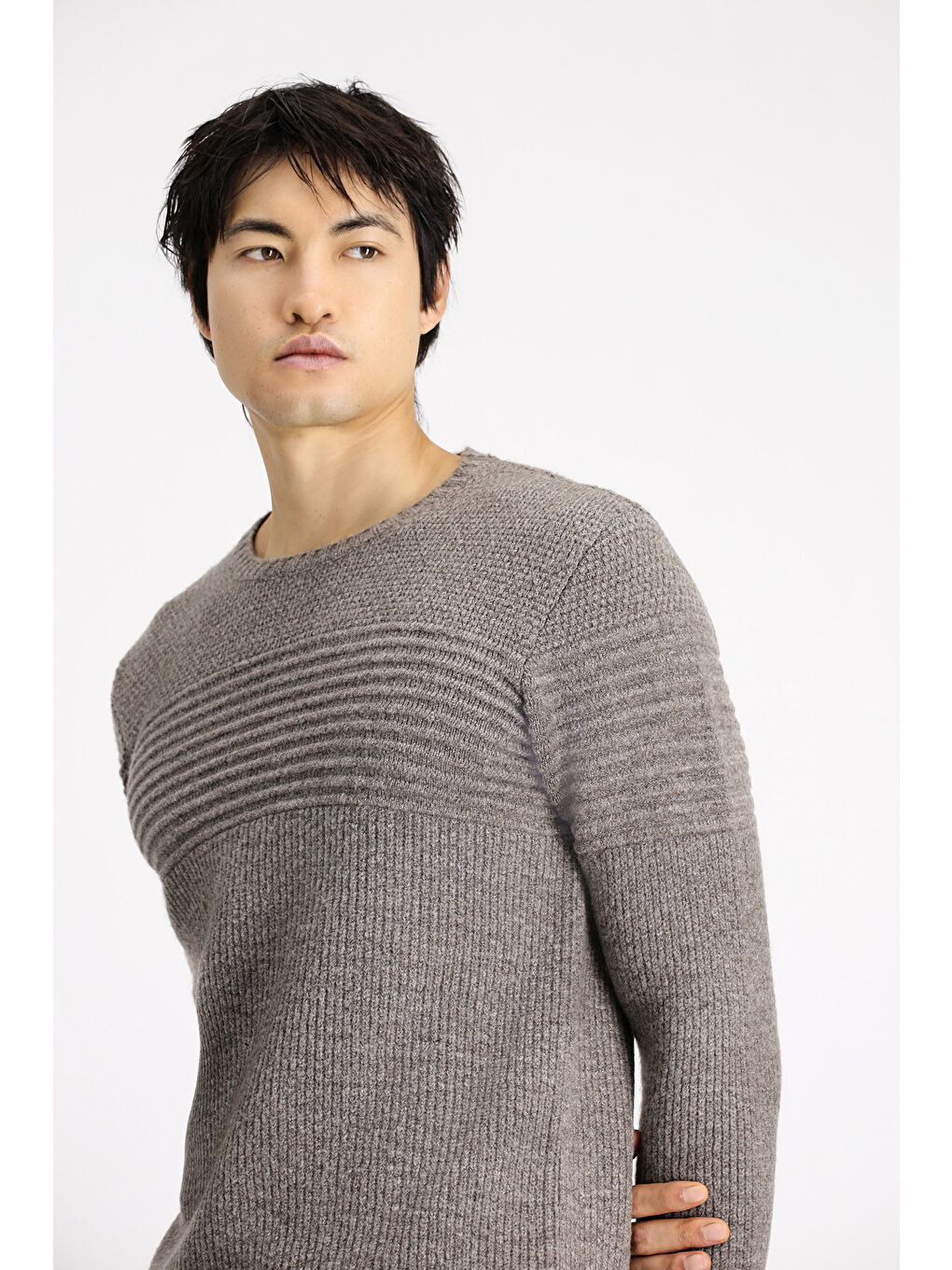 Bej Bisiklet Yaka Regular Fit Çizgili Triko Büyük Beden Kazak-3