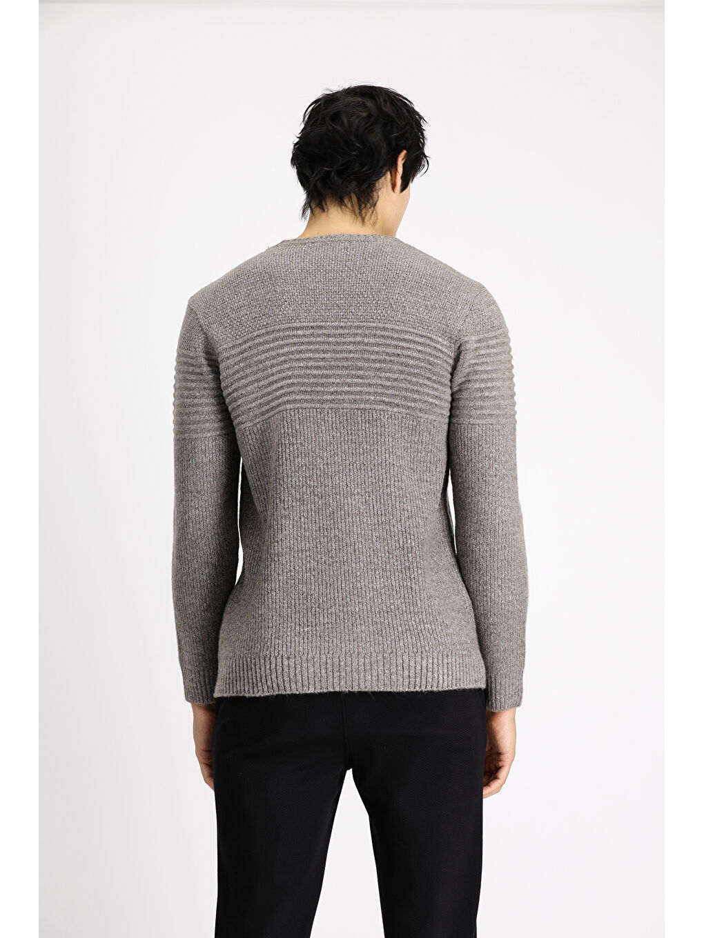 Bej Bisiklet Yaka Regular Fit Çizgili Triko Büyük Beden Kazak-4