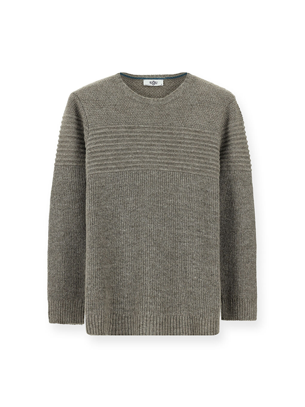 Bej Bisiklet Yaka Regular Fit Çizgili Triko Büyük Beden Kazak-5