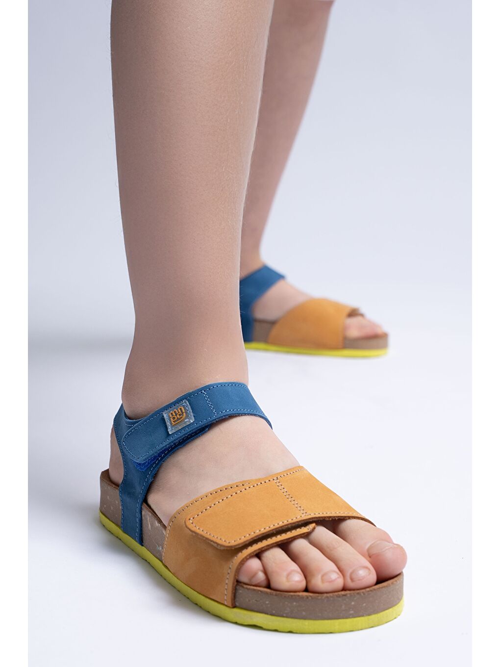 Unisex Çocuk Sarı-Saks Hakiki Deri Mantar Tabanlı Günlük  Çocuk Sandalet-3