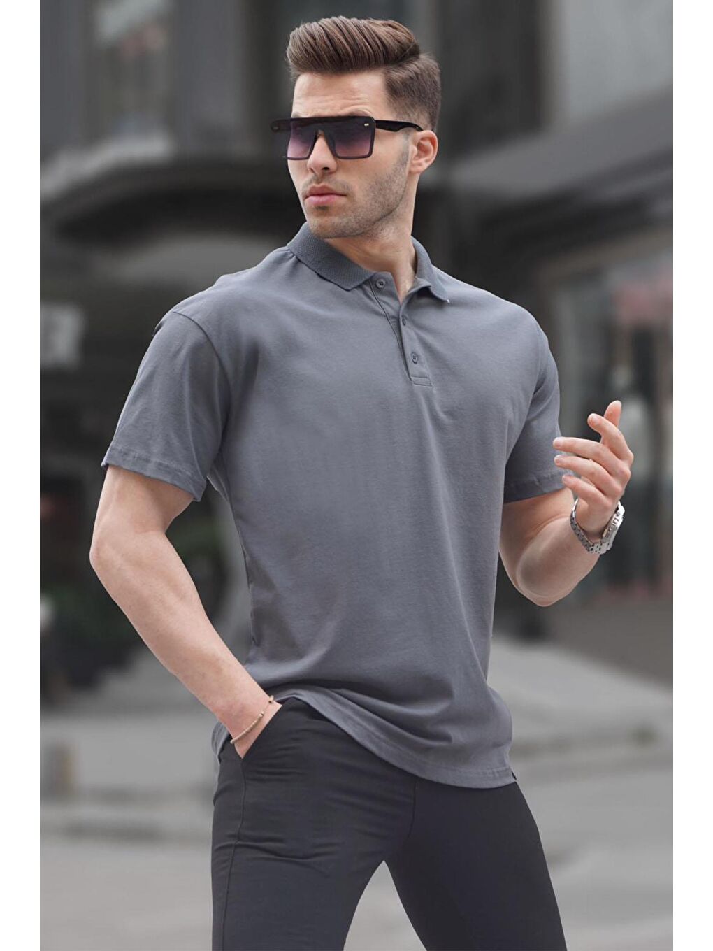 Madmext Gri Füme Polo Yaka Basic Erkek Tişört 6126