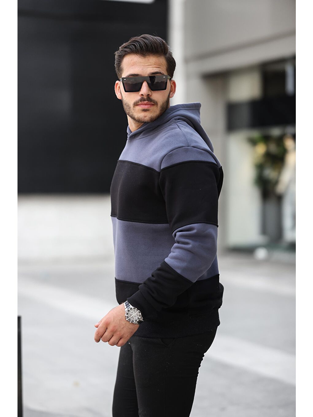 Miron Füme-Siyah Füme Siyah Blok Parçalı Overisize Kapüşonlu Üç İplik Sweatshirt - 1