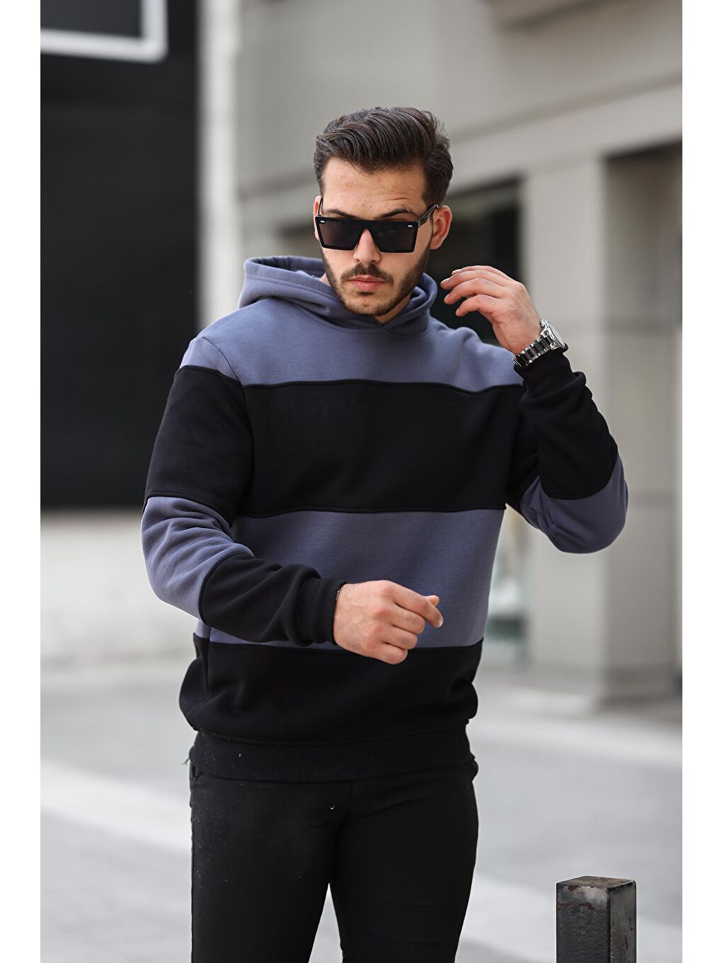 Miron Füme-Siyah Füme Siyah Blok Parçalı Overisize Kapüşonlu Üç İplik Sweatshirt - 2