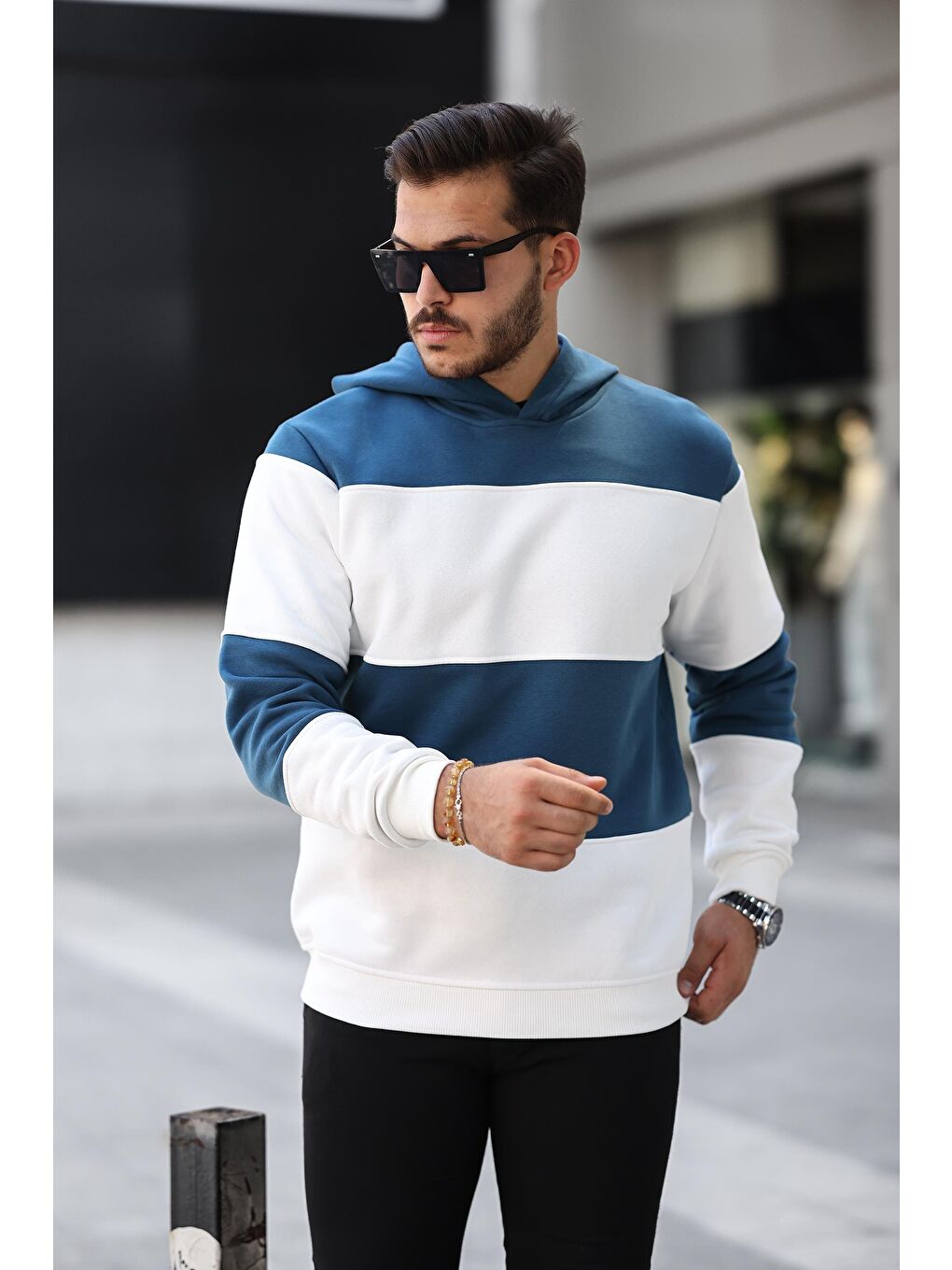 Miron Petrol-Beyaz Petrol Beyaz Blok Parçalı Overisize Kapüşonlu Üç İplik Sweatshirt