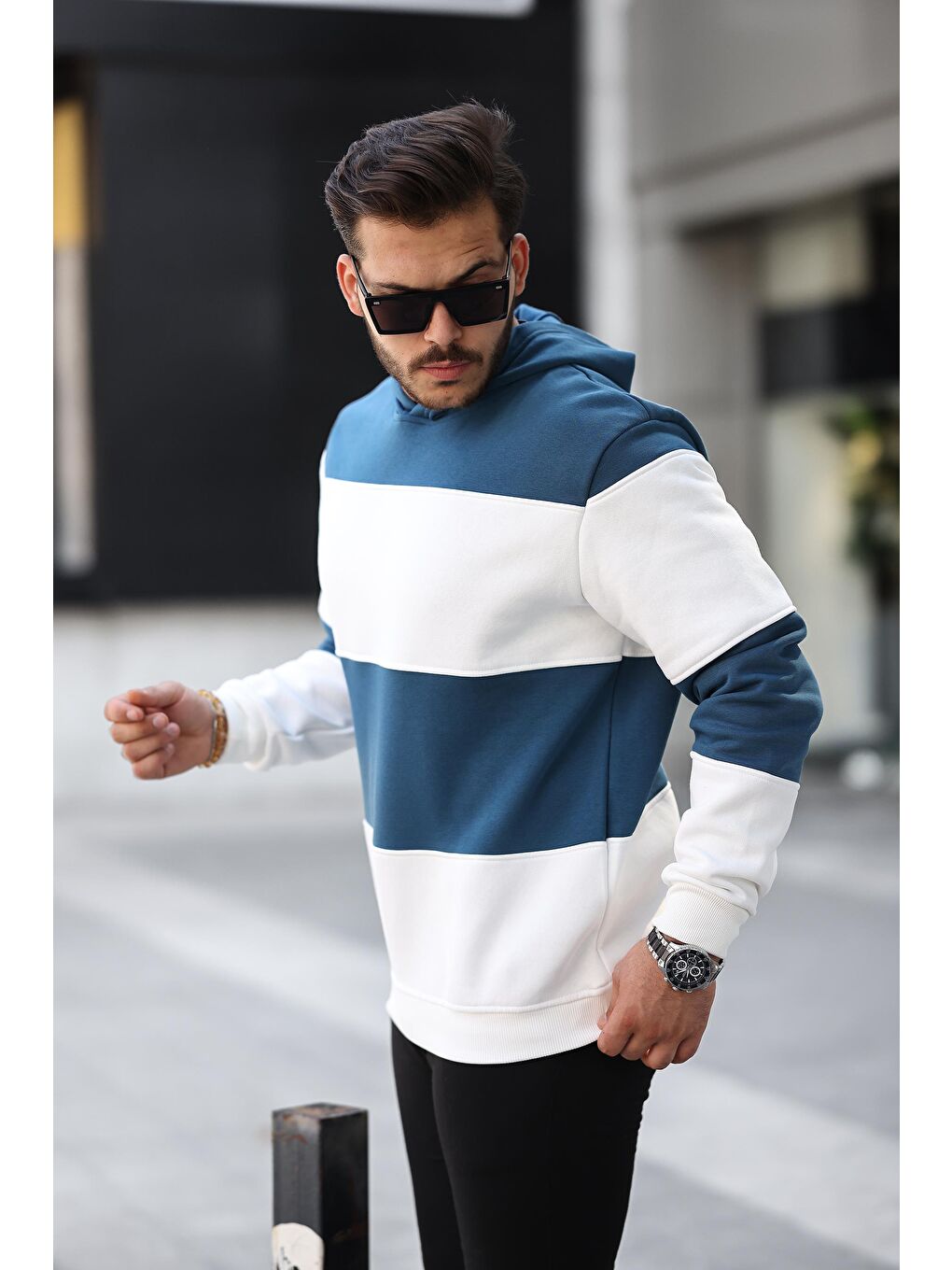 Miron Petrol-Beyaz Petrol Beyaz Blok Parçalı Overisize Kapüşonlu Üç İplik Sweatshirt - 1