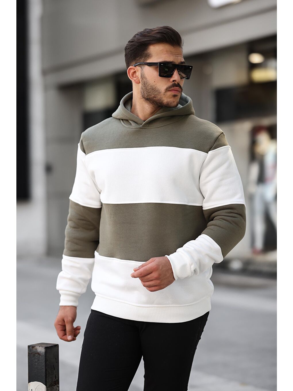 Miron Haki-Beyaz Haki Beyaz Blok Parçalı Overisize Kapüşonlu Üç İplik Sweatshirt