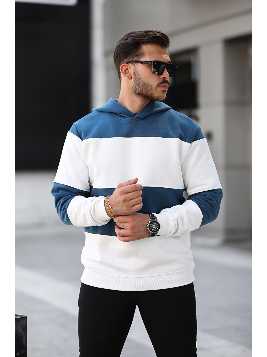 Miron Petrol-Beyaz Petrol Beyaz Blok Parçalı Overisize Kapüşonlu Üç İplik Sweatshirt - 2