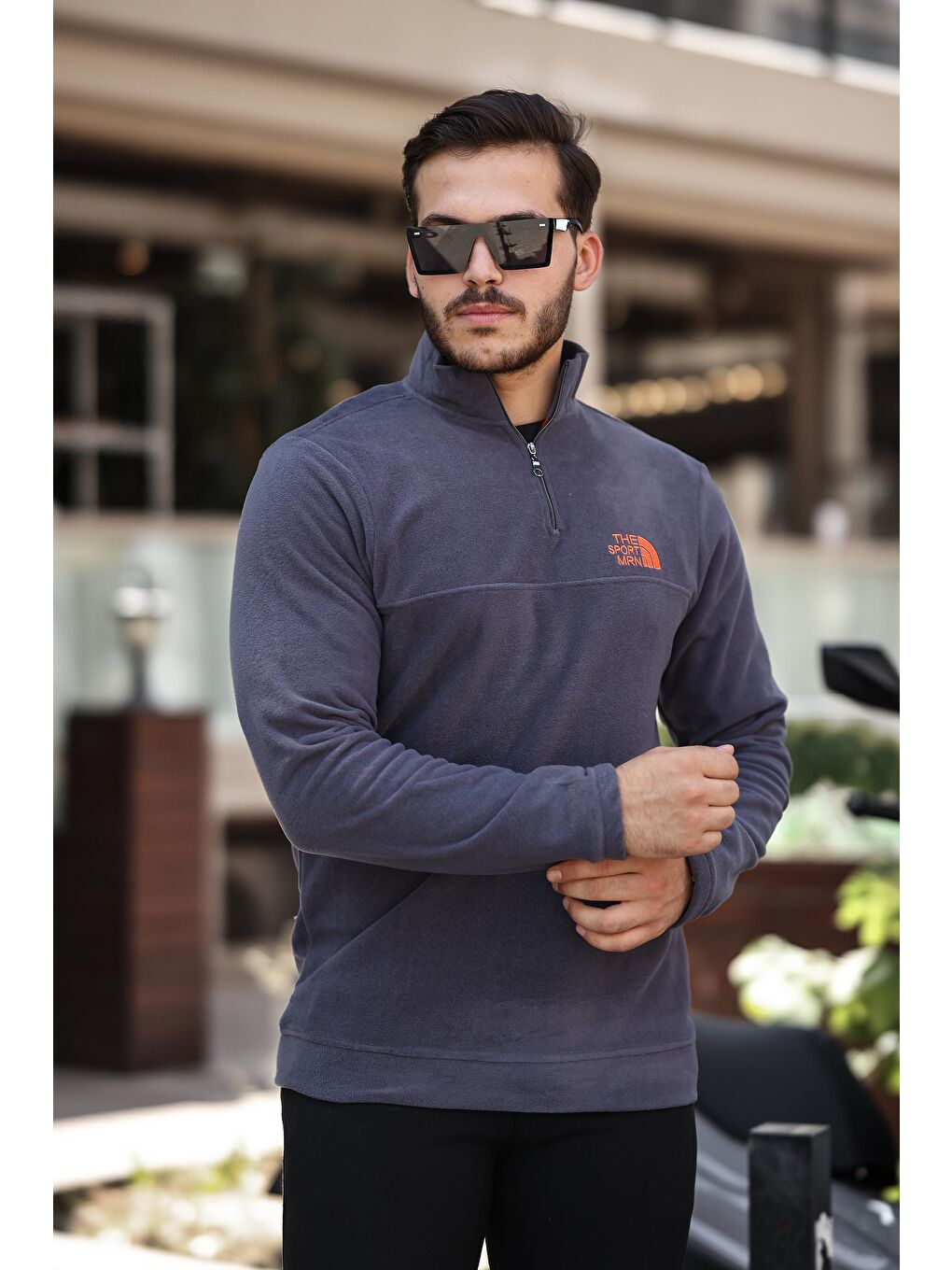 Miron Füme Unisex Nakışlı Dik Yaka Yarım Fermuarlı Polar Sweatshirt - 1