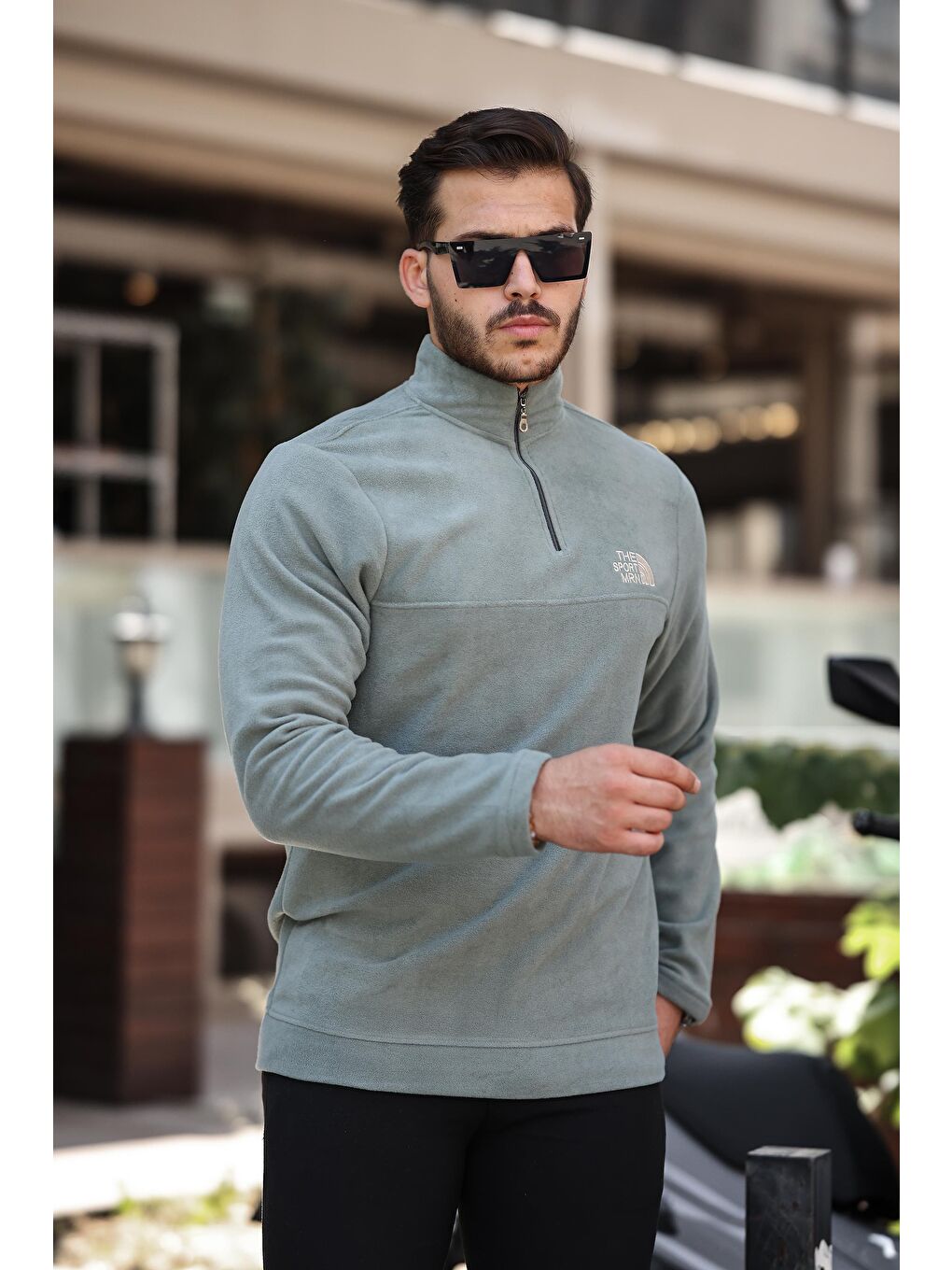 Miron Haki Unisex Nakışlı Dik Yaka Yarım Fermuarlı Polar Sweatshirt