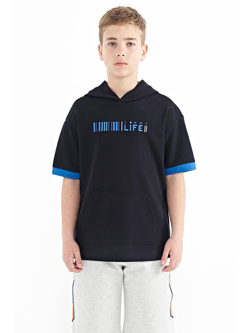 TOMMYLIFE Lacivert Renk Bloklu Kapüşonlu Kanguru Cepli Oversize Erkek Çocuk T-Shirt - 11148