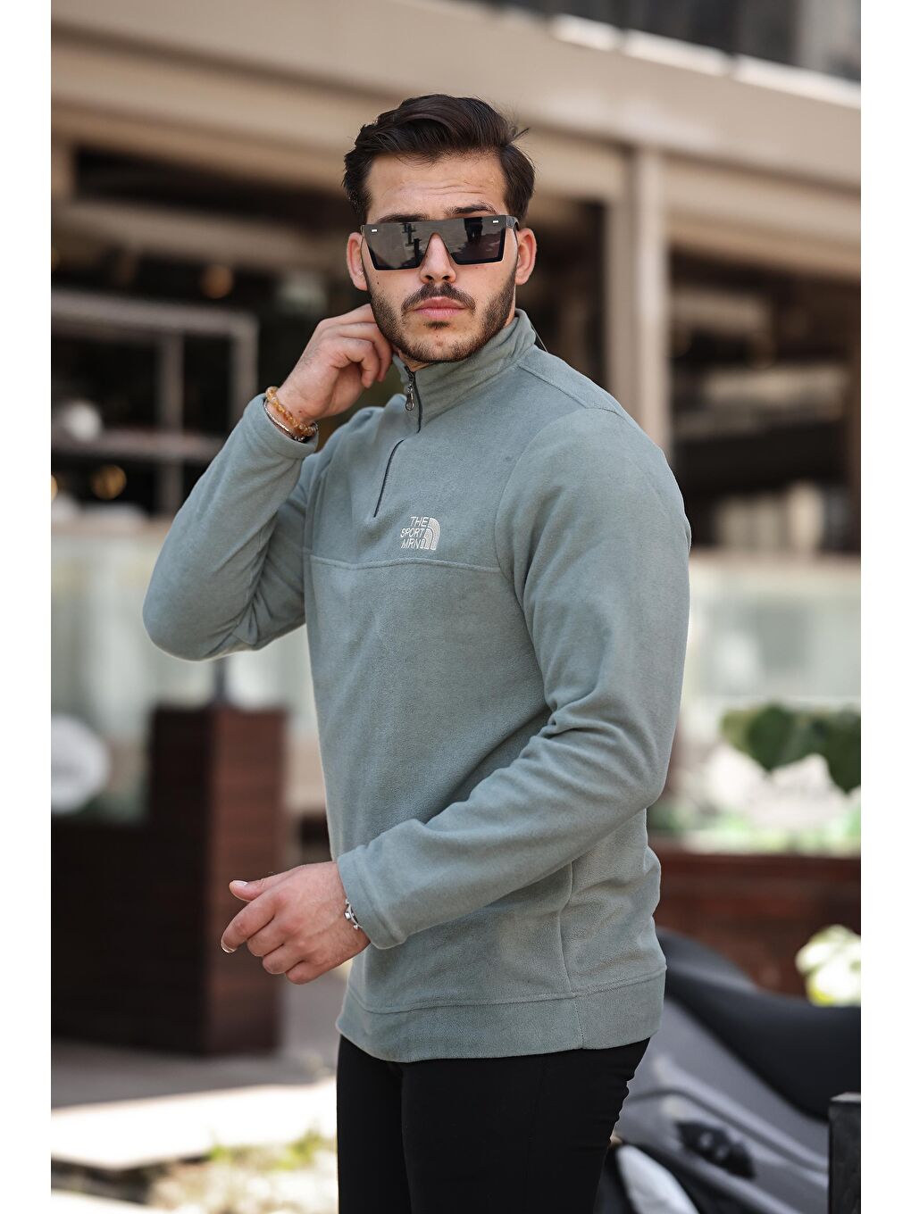 Miron Haki Unisex Nakışlı Dik Yaka Yarım Fermuarlı Polar Sweatshirt - 2