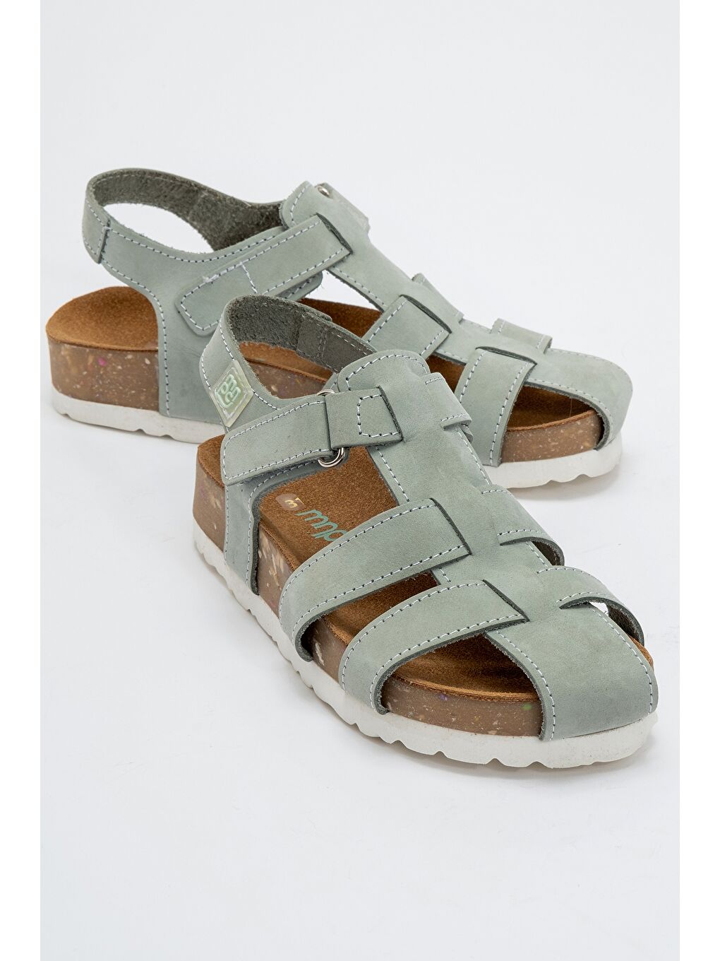 Turkuaz Unisex Çocuk Su Yeşili Hakiki Deri Mantar Tabanlı Günlük Çocuk Sandalet