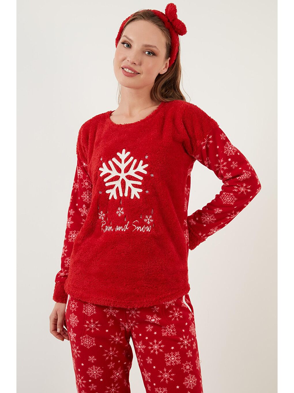 Kırmızı Kar Tanesi Desenli Beli Lastikli Saç Bantlı Peluş Pijama Takımı 609412013-2