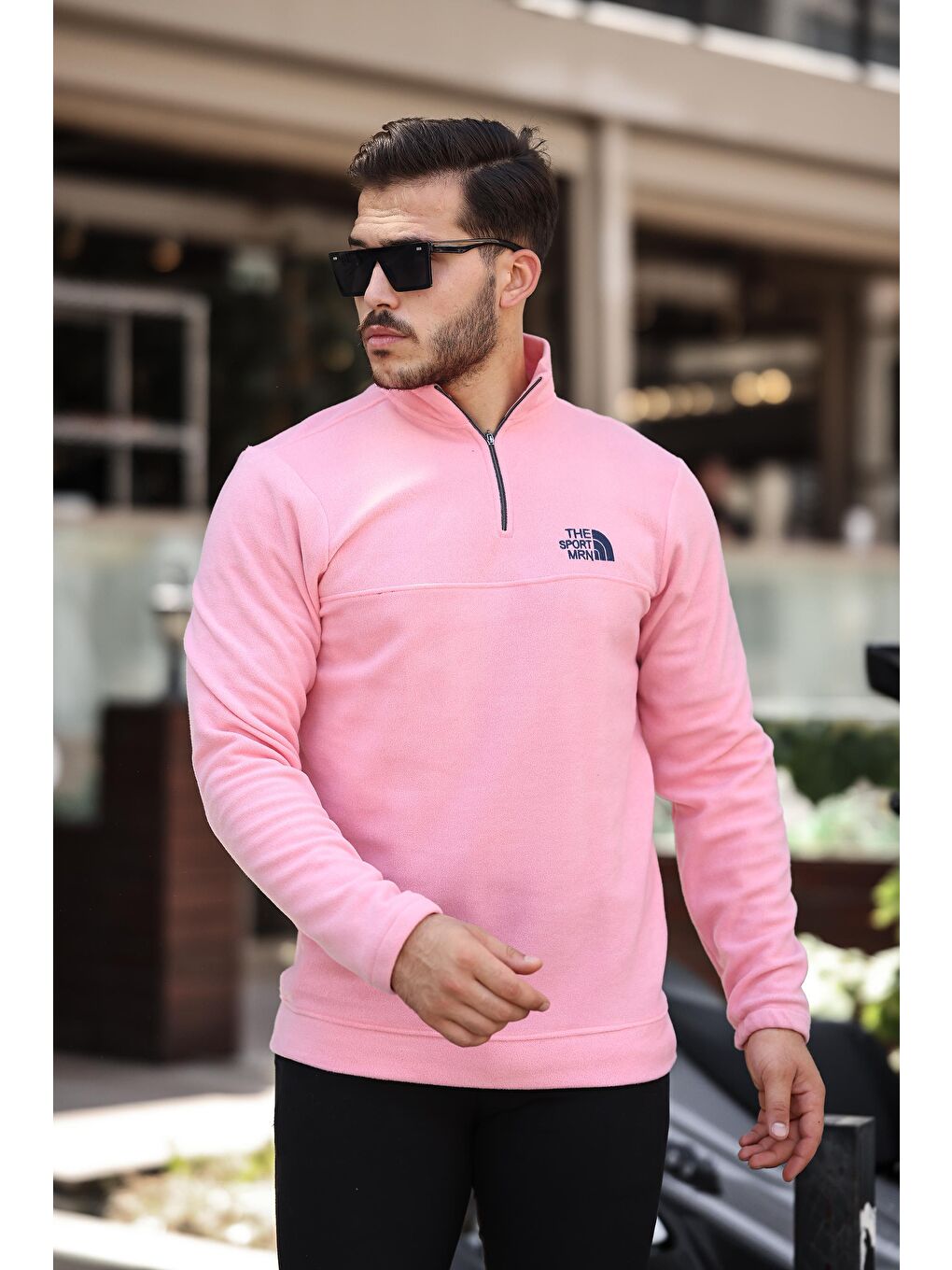 Miron Pembe Unisex Nakışlı Dik Yaka Yarım Fermuarlı Polar Sweatshirt