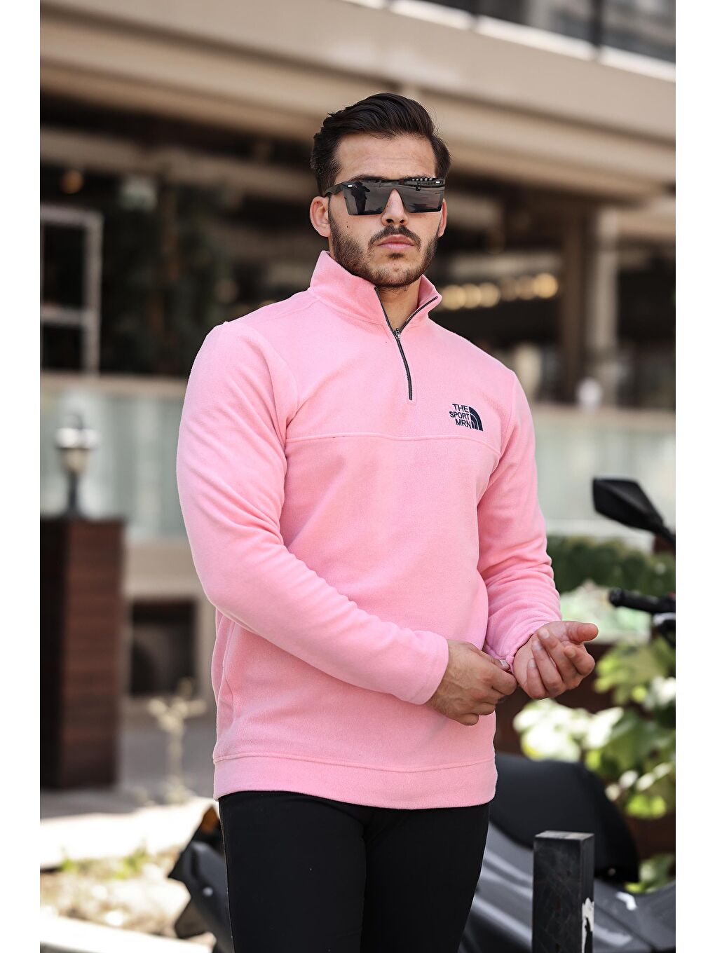 Miron Pembe Unisex Nakışlı Dik Yaka Yarım Fermuarlı Polar Sweatshirt - 1