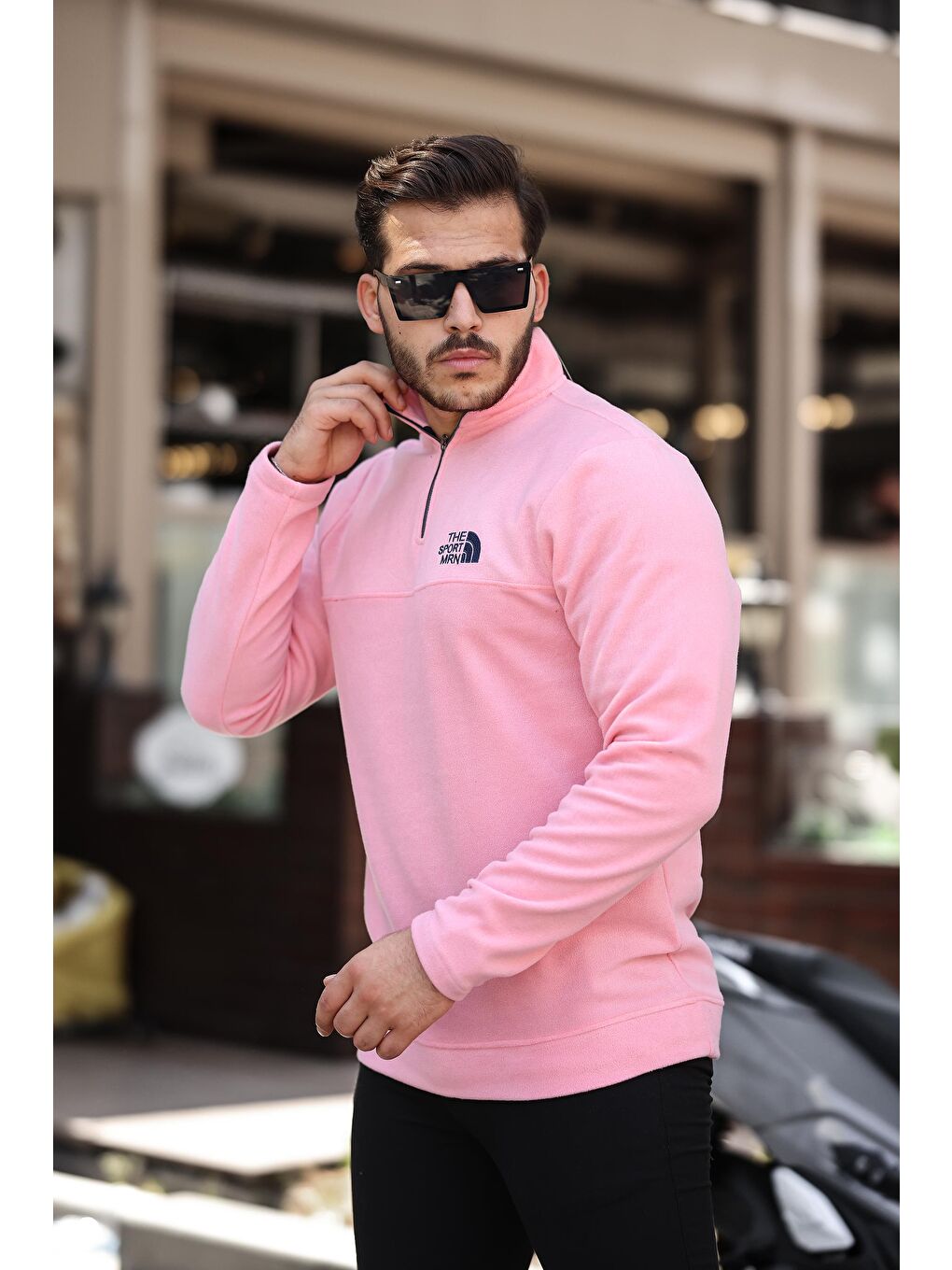 Miron Pembe Unisex Nakışlı Dik Yaka Yarım Fermuarlı Polar Sweatshirt - 2