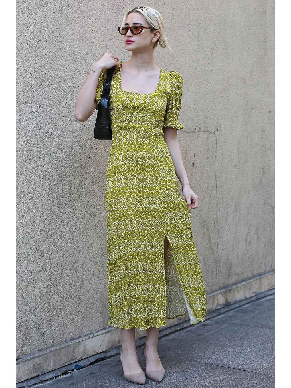 Sarı Kare Yaka Desenli Uzun Elbise Mg1802