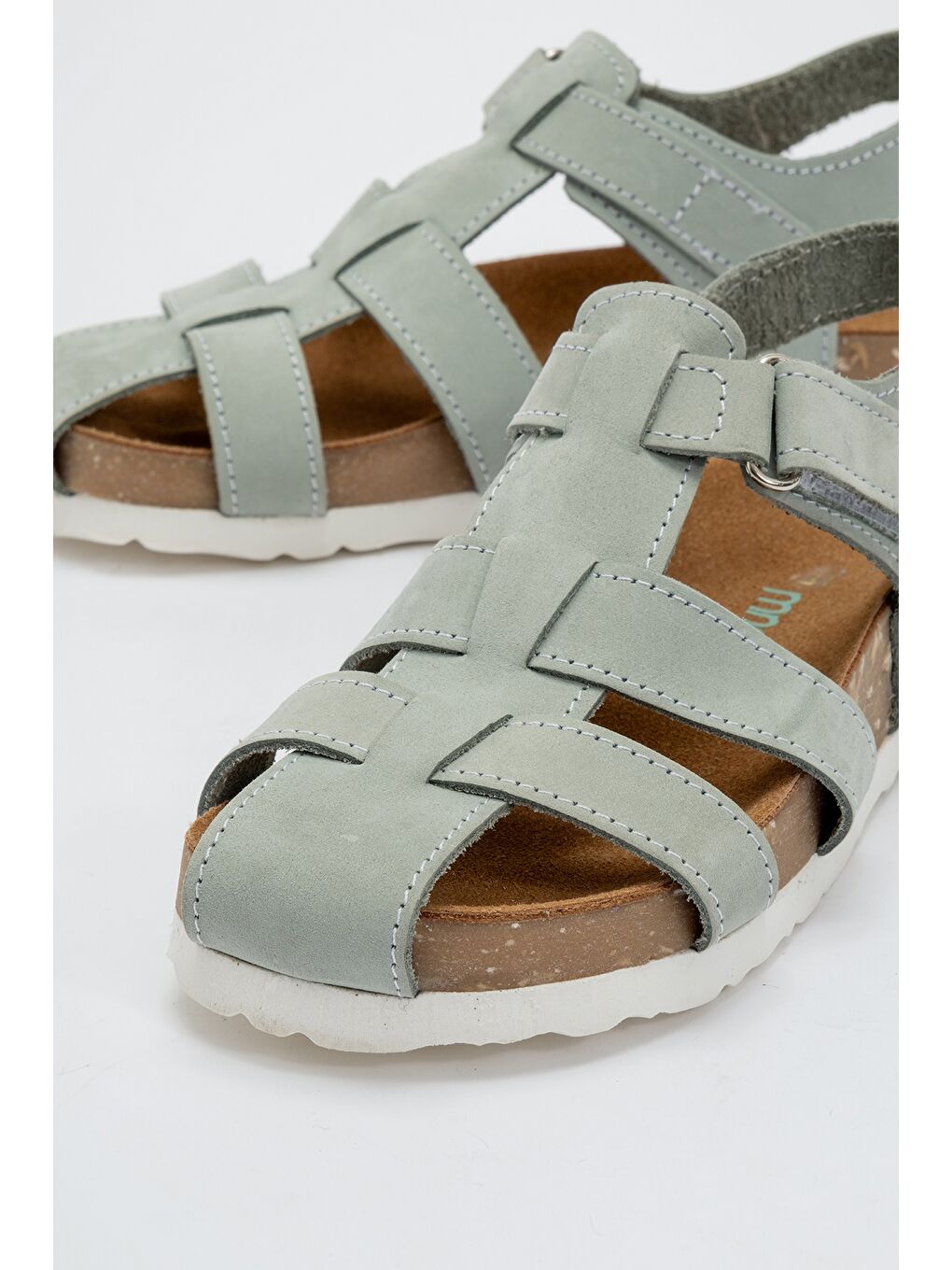 Turkuaz Unisex Çocuk Su Yeşili Hakiki Deri Mantar Tabanlı Günlük Çocuk Sandalet-1