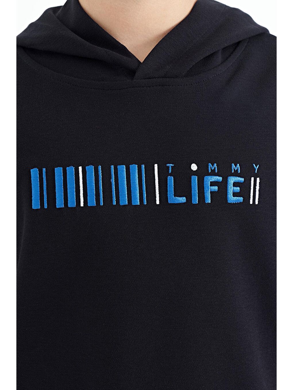 TOMMYLIFE Lacivert Renk Bloklu Kapüşonlu Kanguru Cepli Oversize Erkek Çocuk T-Shirt - 11148 - 3