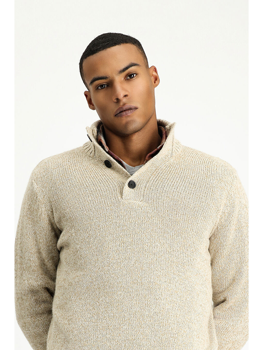 Bej Bato Yaka Regular Fit Desenli Alpaka Yünlü Triko Büyük Beden Kazak-3