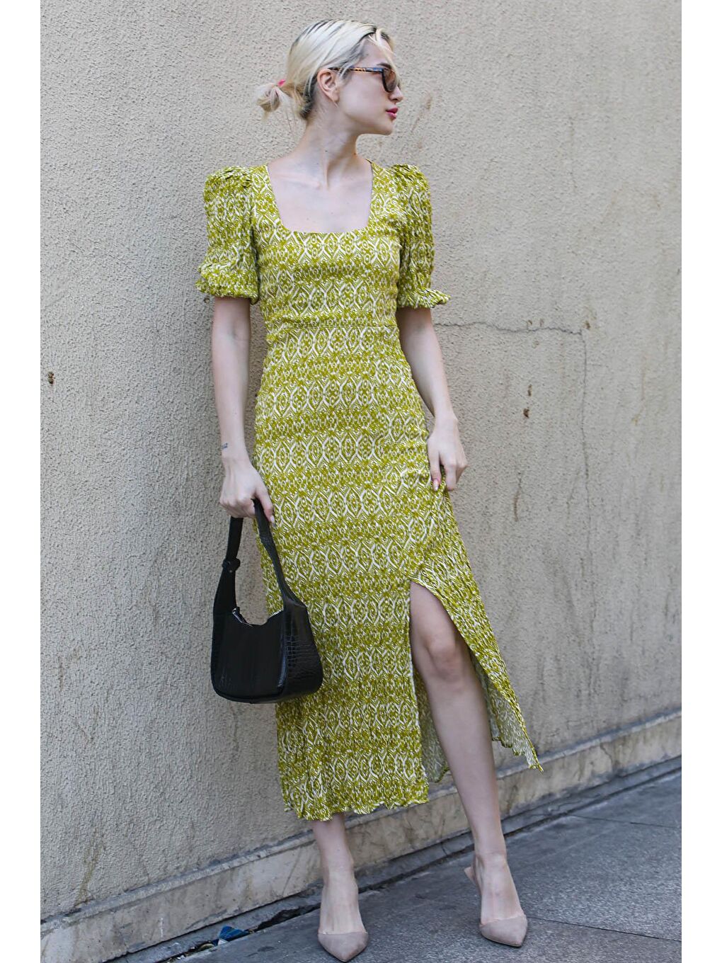 Sarı Kare Yaka Desenli Uzun Elbise Mg1802-2