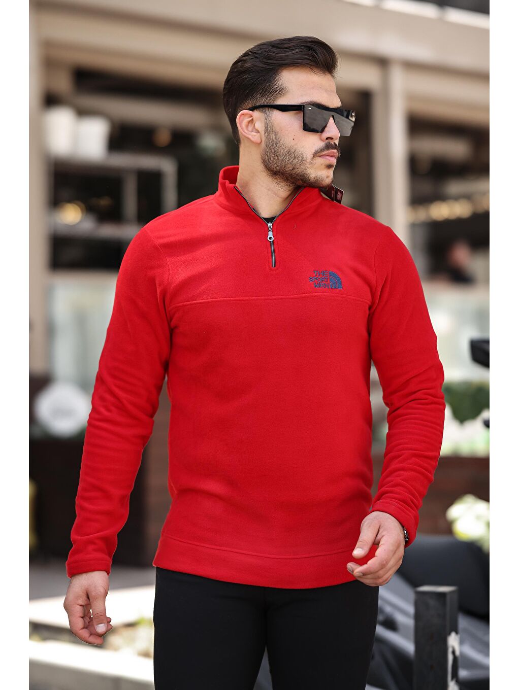 Miron Kırmızı Unisex Nakışlı Dik Yaka Yarım Fermuarlı Polar Sweatshirt