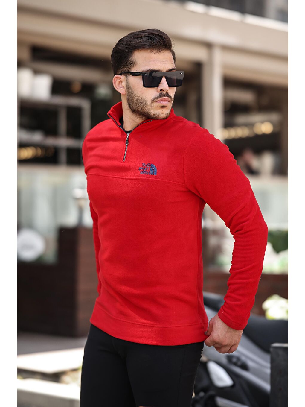 Miron Kırmızı Unisex Nakışlı Dik Yaka Yarım Fermuarlı Polar Sweatshirt - 1