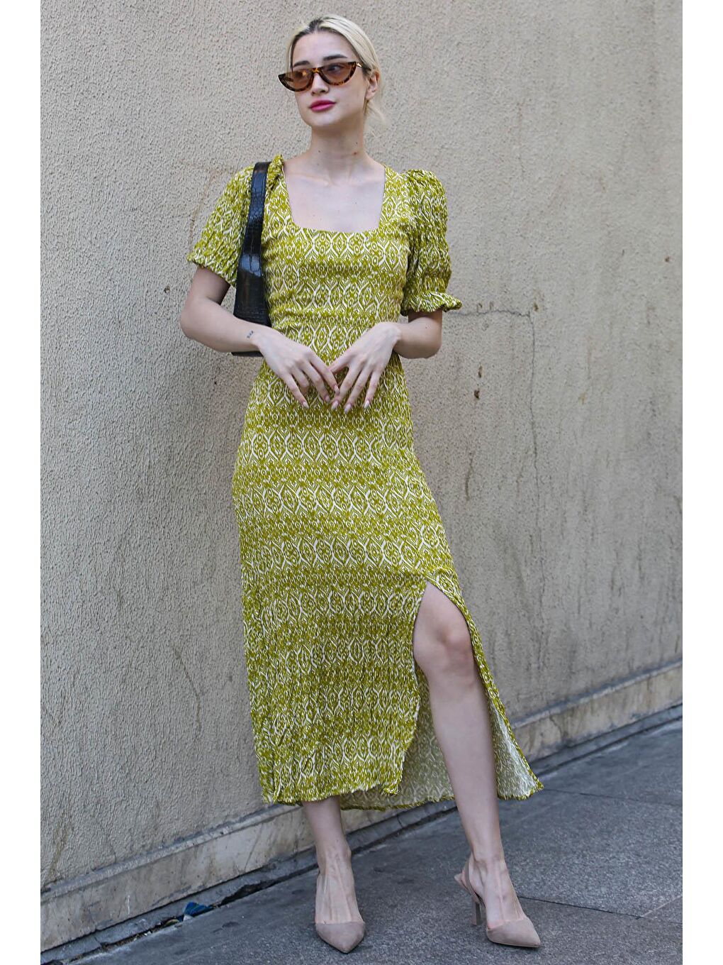 Sarı Kare Yaka Desenli Uzun Elbise Mg1802-3