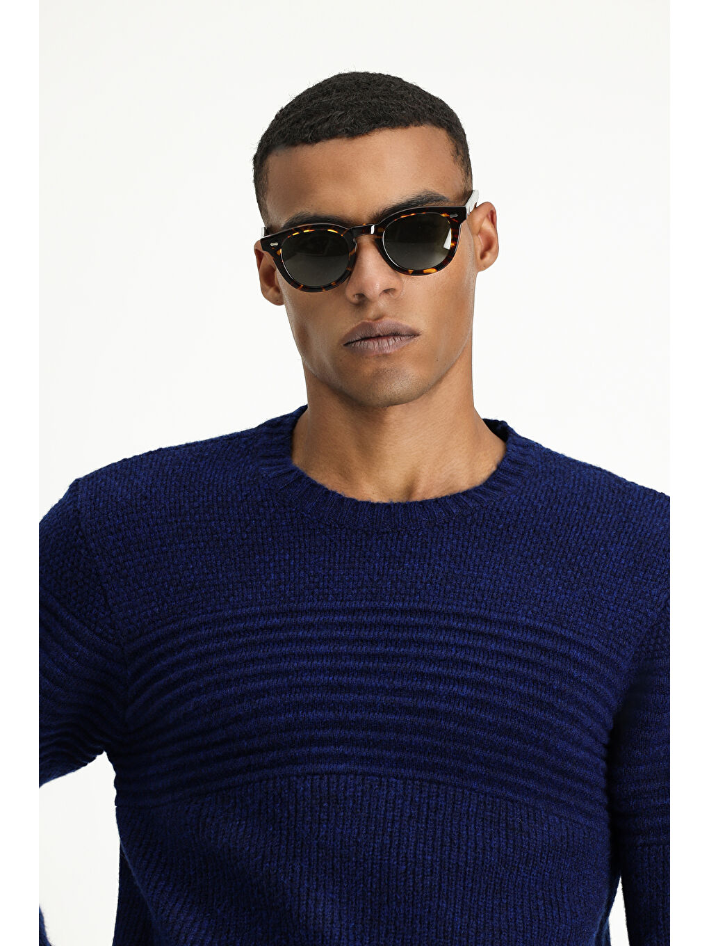 Lacivert Bisiklet Yaka Regular Fit Çizgili Triko Büyük Beden Kazak-2