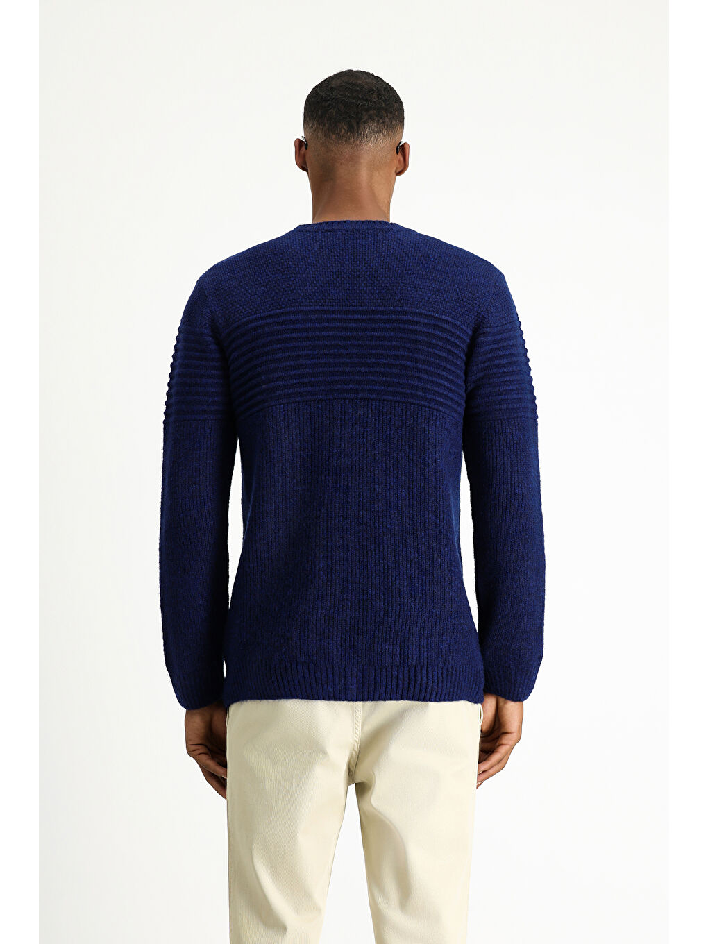 Lacivert Bisiklet Yaka Regular Fit Çizgili Triko Büyük Beden Kazak-3